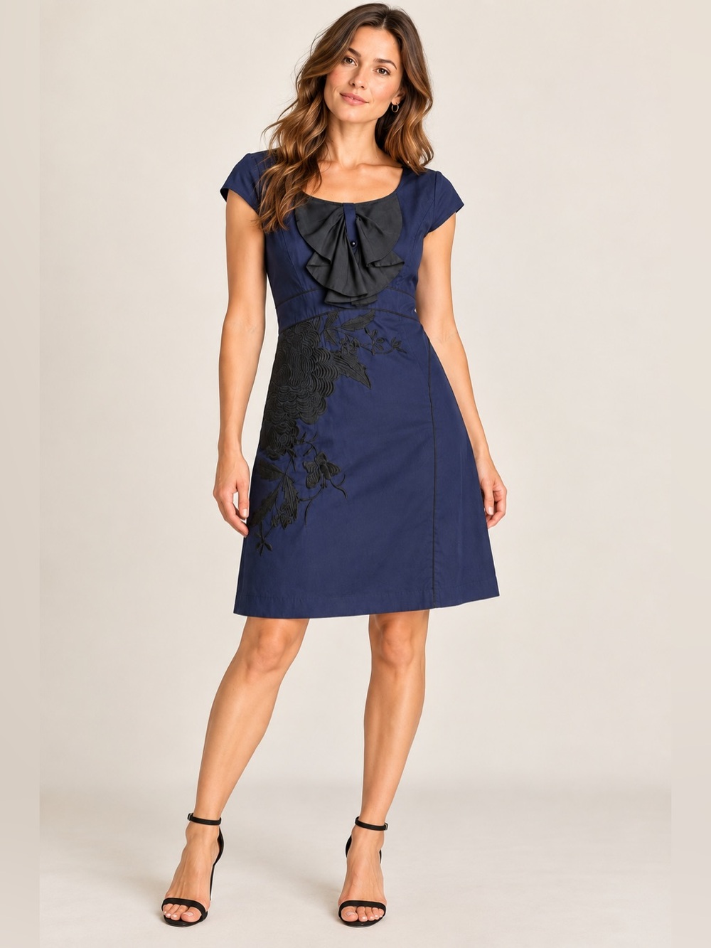 Anthropologie Floreat Sunless Skies Dress 12P Navy Whimsigoth Embroidered Bow